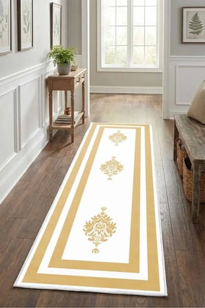 Black Punto Beyaz Gold Yıkanabilir Yolluk Halı Kaymaz Taban Salon Mutfak Beyaz Gold
