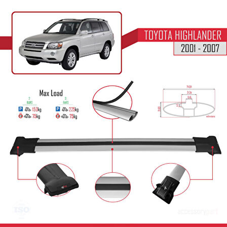 Toyota Highlander 2001-2007 Arası ile Uyumlu FLY Model Ara Atkı Tavan Barı Gri 2 Adet