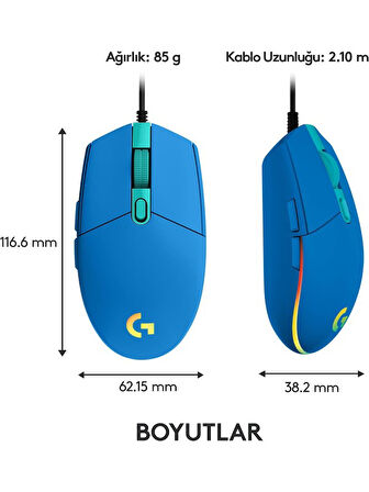 Logitech 910-005824 G102 LightSync Mavi 8000DPI 6 Tuş Optik RGB Mavi Kablolu Gaming (Oyuncu) Mouse OUTLET