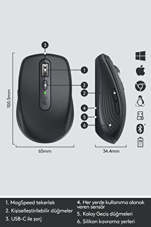 MX Anywhere 3 Kompakt Kablosuz Mouse - Siyah OUTLET