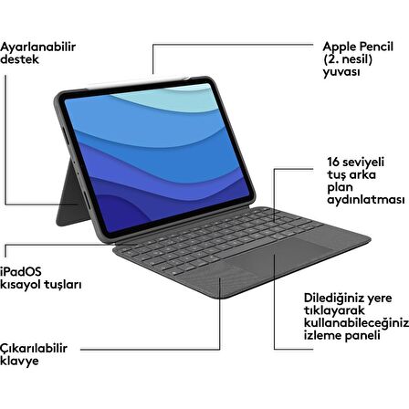 Logitech Combo Touch iPad Pro 11 inç 2. ve 3. Nesil ile Uyumlu Klavyeli Kılıf 920-010136