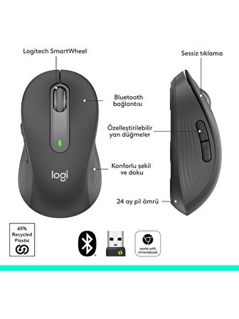 Logitech Signature M650 Büyük Boy Sağ El Için Sessiz Kablosuz Mouse - Siyah OUTLET