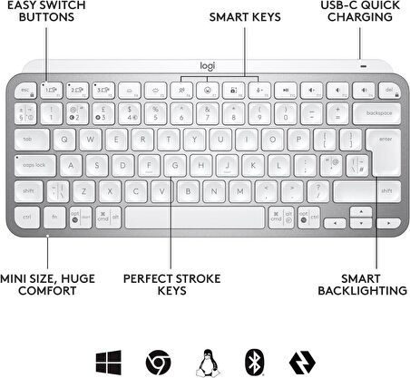 Logitech MX Keys Mini Aydınlatmalı, Bolt Alıcılı, Şarj Edilebilir, Açık Gri, Kablosuz Klavye İngilizce