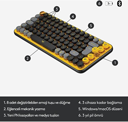 Logitech POP Keys Sarı Siyah Kablosuz Mekanik Klavye - outlet