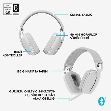 Logitech Zone Vıbe 100 Kablosuz Kulaklık-Beyaz 981-001219