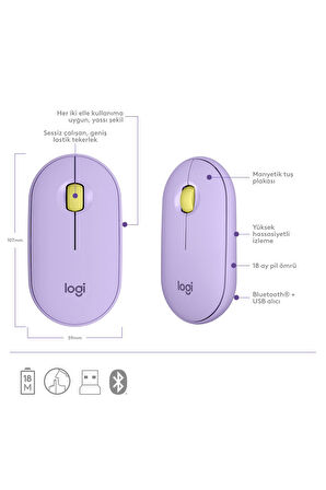 Logitech M350 Pebble Sessiz Kablosuz Kompakt Mouse - Lila OUTLET