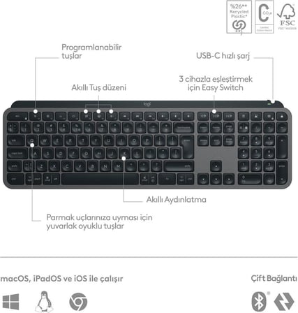 Logitech MX Keys S 920-011594 Bluetooth ve Wireless Kablosuz Klavye - Outlet