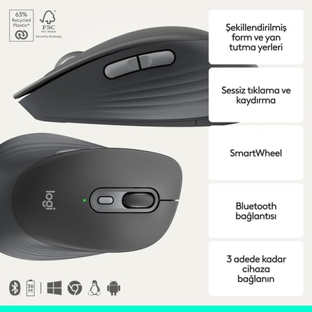 Logitech Signature Comfort M840 L 1000 Dpi Konfor Için Avuç İçi Yastıklı Sessiz Kablosuz Bluetooth Mouse, Siyah