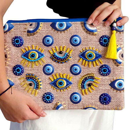 Uretti - Sümeyya 2589 1313 Nazar Boncuklu ve Göz Desen Boncuk İşlemeli Püsküllü Clutch Çanta
