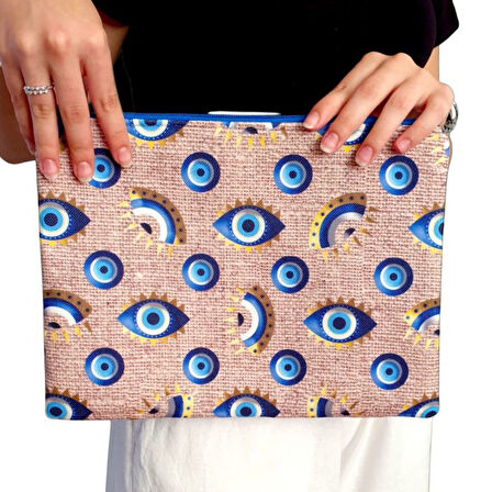 Uretti - Sümeyya 2589 1313 Nazar Boncuklu ve Göz Desen Boncuk İşlemeli Püsküllü Clutch Çanta
