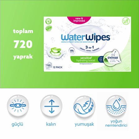 WaterWipes Sensitive+ Yoğun Nem Takviyeli Islak Mendil 12x60 Adet (720 Yaprak) - Hydrating Boost