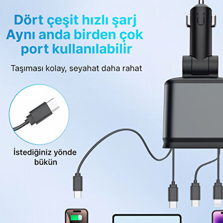 QASUL 4 in 1 Geri Çekilebilir Araç Şarj Cihazı Starlight Araba Çatı Yıldız Gece Lambası Çift Araç Şarj Adaptörü