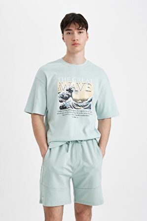 DeFacto Art Hokusai Comfort Regular Fit Rahat Kalıp Bisiklet Yaka Ağır Kumaş Kısa Kollu Tişört A8916AX24SPBE525