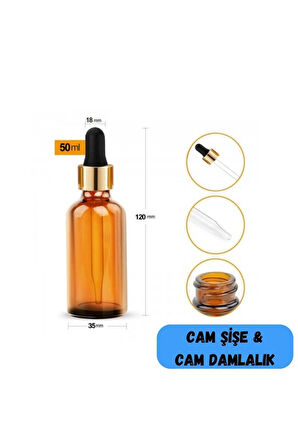 50 Cc Cam Damlalıklı Amber Şişe [50 Cc=50ml X 12 Adet] / Ecza Şişesi / Dropper Şişe