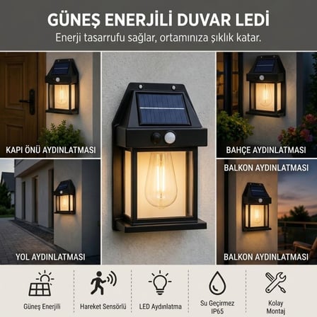 Ampul Model 3 Modlu Solar LED Duvar Lambası, Güneş Enerjili, Şarjlı Kablosuz Dış Mekân Apliği, Bahçe ve Kapı Lambası (5671) gotlthmngoxx