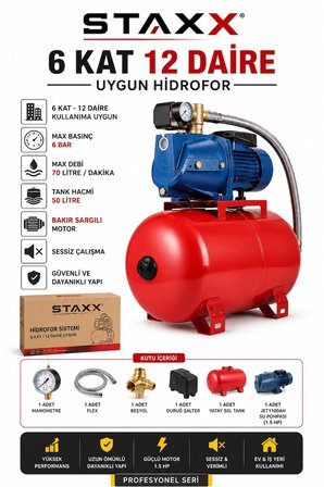 50 Litre Hidrofor 1.5 HP Jet Su Pompası 6 Bar Bakır Sargılı Sessiz Hidrofor Sistemi 6 Kat 12 Daire