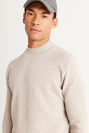 Erkek Bej Melanj Recycle Standart Fit Yarım Balıkçı Yaka Pamuklu Desenli Triko Kazak