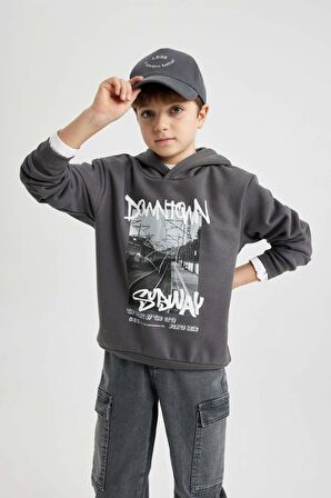 DeFacto Erkek Çocuk Kapüşonlu Baskılı Kalın Sweatshirt B5862A823CWAR82