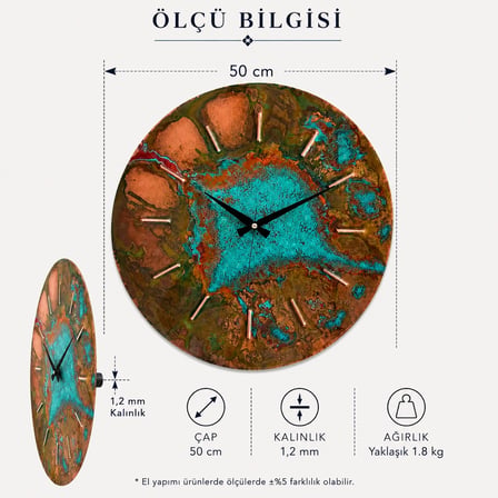 Copper Empire- Kayıp Okyanusun İzleri | El Yapımı Bakır Duvar Saati | 50 cm | 1,2 mm | Premium Dekor