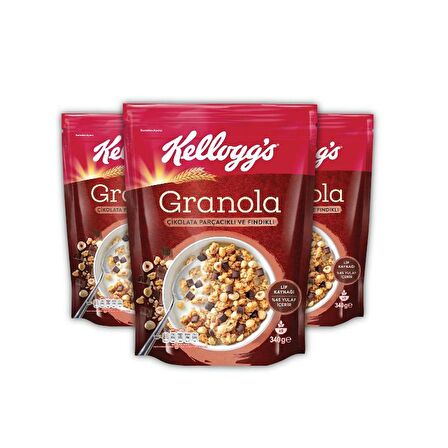 Kellogg's Çikolata Parçacıklı&Fındıklı Granola 340 Gr x3 Adet,%44 Yulaf içerir,Lif Kaynağı