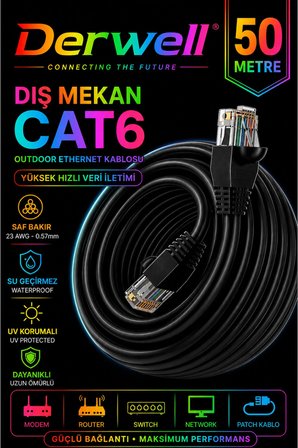 50 METRE CAT6 Dış Mekan Outdoor Ethernet Kablosu 23 AWG 0.57mm Kalın Saf Bakır İnternet Ağ Kablosu Yüksek Hızlı Veri İletimi Su Geçirmez UV Korumalı Dayanıklı Siyah Modem Router Switch Patch Kablo