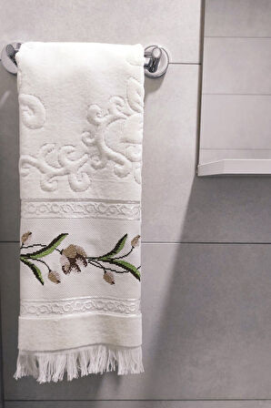 Gül Nakışlı Jakarlı Kadife El Yüz Havlusu - 50x90 cm-Gri
