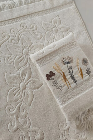 Sevim 2'li Nakışlı Jakarlı Kadife El Yüz Havlusu - %100 Pamuk - Krem