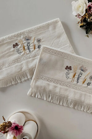 Sevim 2'li Nakışlı Jakarlı Kadife El Yüz Havlusu - %100 Pamuk - Krem