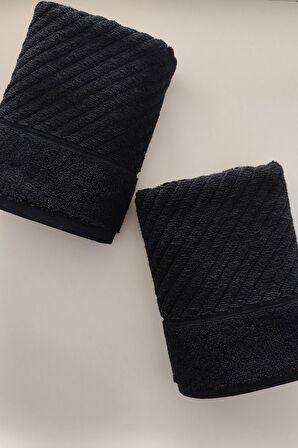 %100 Pamuk El Havlusu 2'li - Modern Çizgili Tasarım - Yumuşak Dokulu - Siyah Renk