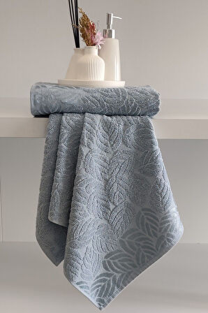 Sevim 2'li Jakarlı Yaprak Desenli %100 Pamuk El Yüz Havlusu-50x90cm-Açık Mavi