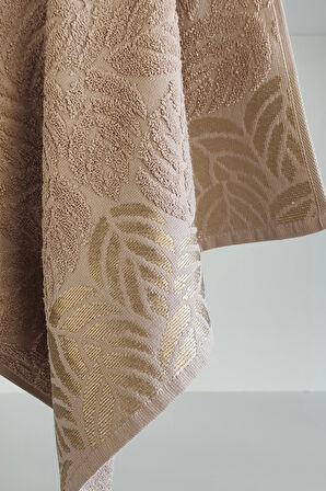 2'li Jakarlı Yaprak Desenli %100 Pamuk El Yüz Havlusu-50x90cm-Kapuçino