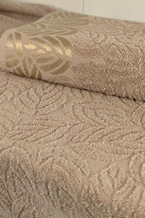 2'li Jakarlı Yaprak Desenli %100 Pamuk El Yüz Havlusu-50x90cm-Kapuçino