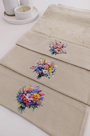 3'lü Çiçek Baskılı Havlu Takımı - Bej Renk Bambu El Havlusu Seti - Yumuşak & Süper Emici - 30x50 Cm