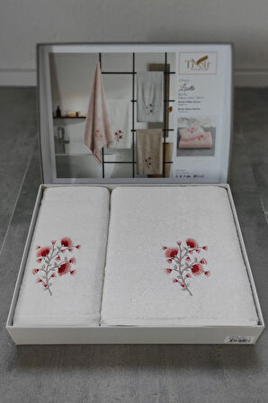 2'li Set Banyo Havlusu - Bambu & Nakışlı Banyo Havlu Seti - 2'li Çeyiz Seti - Tivoli Lisette - Ekru