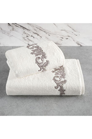 Bambu Yumuşak & Su Emici Tivoli Cloé Havlu - Ekru Rengi Nakışlı Havlu Modelleri - 2'li Set