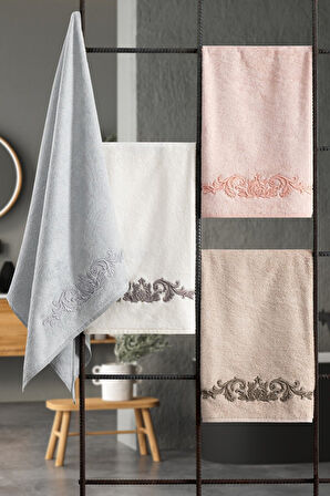 Bambu Yumuşak & Su Emici Tivoli Cloé Havlu - Kapuçino Rengi Nakışlı Havlu Modelleri - 2'li Set