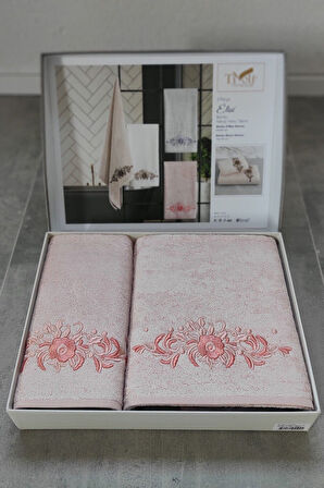 2'li Nakışlı Banyo Havlu Seti - Bambu & Yumuşak - 2'li Çeyiz Seti - Tivoli Elise - Pudra