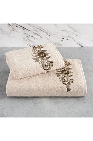 Bambu Yumuşak & Su Emici Havlu Takımı - Nakışlı 2'li Banyo Havlu Seti - Tivoli Elise - Kapuçino