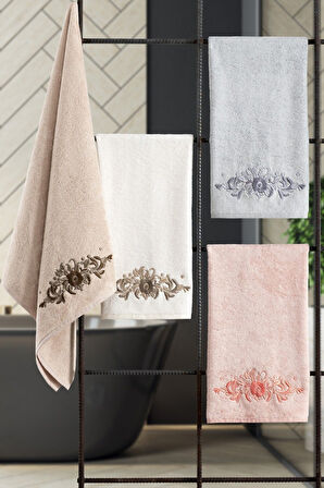 Bambu Yumuşak & Su Emici Havlu Takımı - Nakışlı 2'li Banyo Havlu Seti - Tivoli Elise - Kapuçino