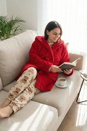 Kapüşonlu Wellsoft Sabahlık & Peluş Bornoz - Yumuşak, Polar Unisex Sabahlık-Kırmızı
