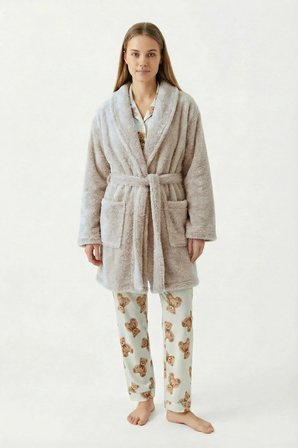 Şal Yaka Wellsoft Sabahlık & Peluş Bornoz-Yumuşak, Polar Unisex Sabahlık-Bej