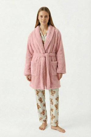 Şal Yaka Wellsoft Sabahlık & Peluş Bornoz-Yumuşak, Polar Unisex Sabahlık-Pudra