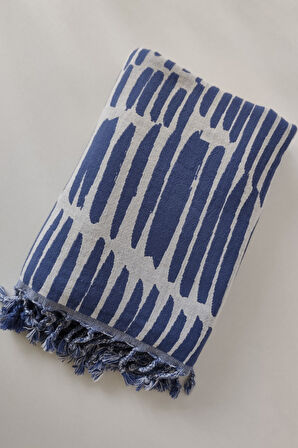 Sevim %100 Pamuk Çift Kat Müslin Peştemal - Jakarlı Plaj Havlusu- 90x170 Cm-İndigo