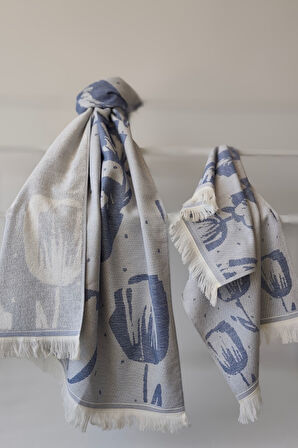 Sevim %100 Pamuk Saçaklı Jakarlı Lale Desenli Peştemal ve Peşkir Takımı-İndigo