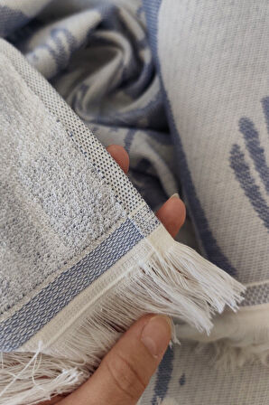 Sevim %100 Pamuk Saçaklı Jakarlı Lale Desenli Peştemal ve Peşkir Takımı-İndigo