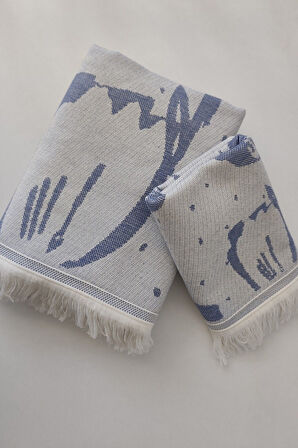 Sevim %100 Pamuk Saçaklı Jakarlı Lale Desenli Peştemal ve Peşkir Takımı-İndigo