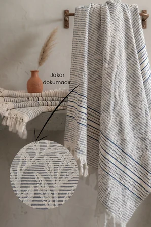 %100 Pamuk Havlu Peştemal, Yaprak Jakarlı, Saçaklı Plaj ve Banyo Havlusu 90x170 cm - İndigo