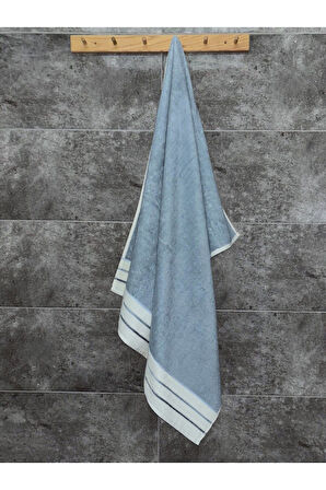 İpliği Boyalı Ucu Çizgili Banyo Havlusu - %100 Pamuk & Yumuşak - 90x150 Cm - Indigo
