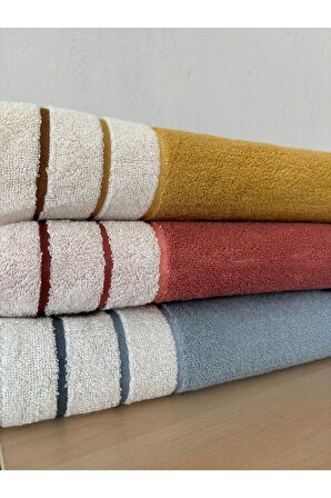 İpliği Boyalı Ucu Çizgili Banyo Havlusu - %100 Pamuk & Yumuşak - 90x150 Cm - Indigo