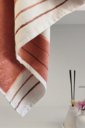 Ucu Çizgili İpliği Boyalı %100 Pamuk Banyo Havlusu - Yumuşak & Yüksek Su Emici-90x150 Cm-Terra